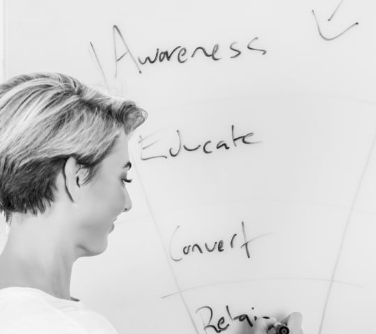 Person in profile writing words on a whiteboard including awareness, educate, and convert